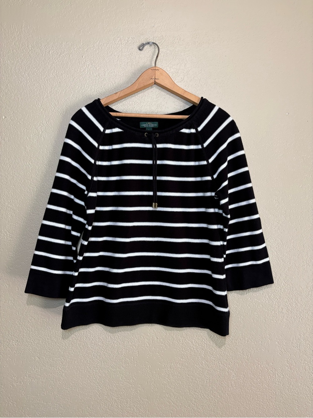 Lauren Ralph Lauren Black/White Stripes 3/4 Sleeve Lightweight Sweater Size L